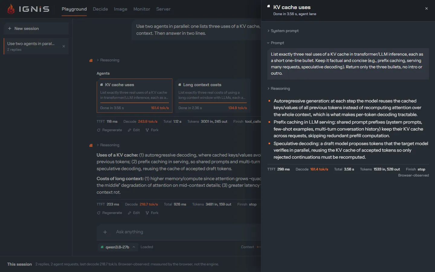 A subagent’s request in the agent reader: its own prompt, answer and figures, on an agent lane