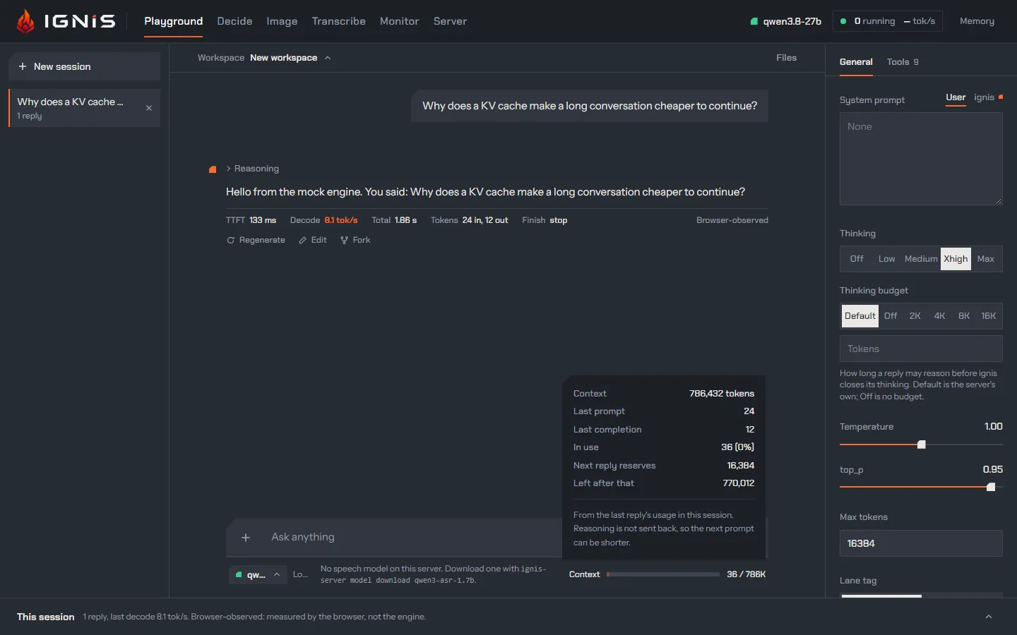 The Playground: a reply with its reasoning, its figures and the context meter