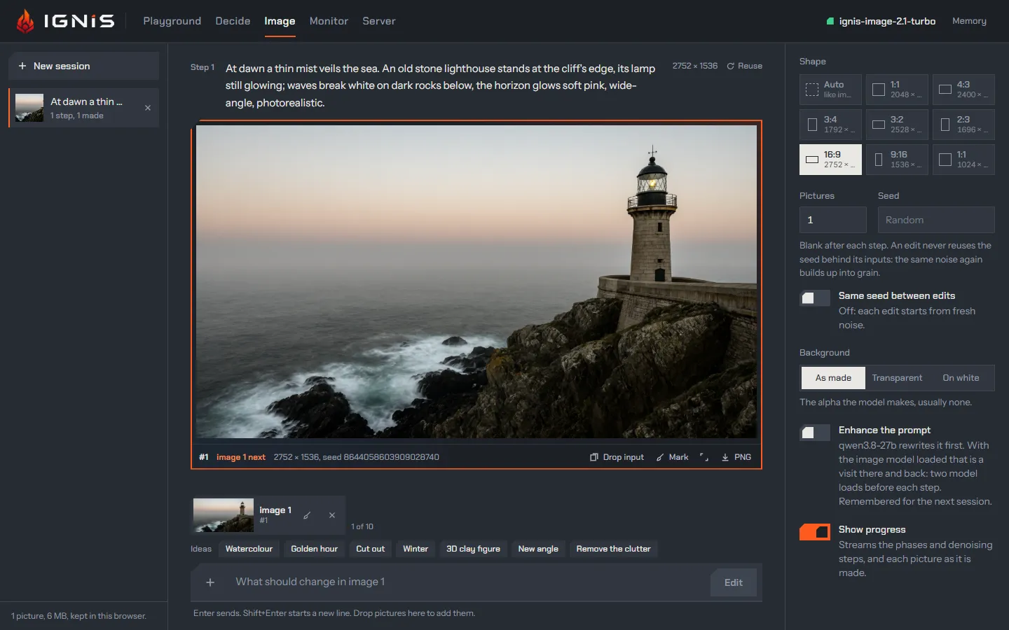 The Image view after a step: the prompt, the picture made, and its seed